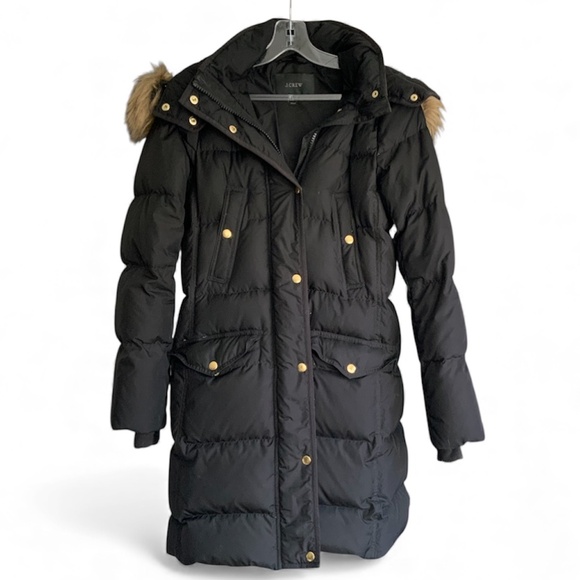 J Crew Down Filled Hooded Puffer Coat Jacket Faux Fur Trim Black SZ S - Picture 3 of 16